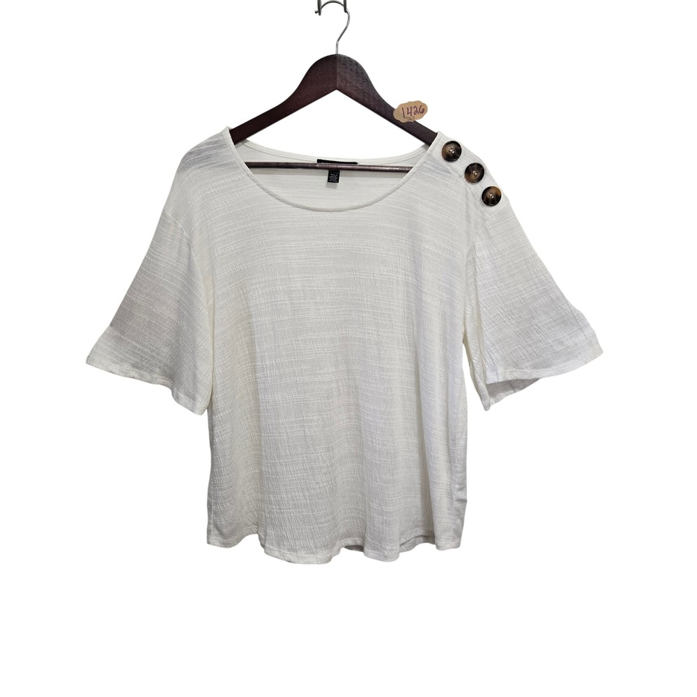 Cable & Gauge Womens XL White Textured Knit Button Shoulder Short Sleeve‎ Top